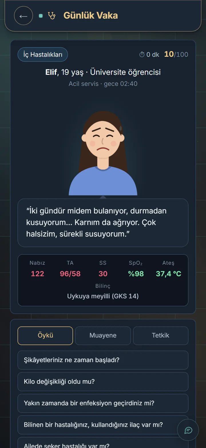 Vaka ekranı: acil serviste 19 yaşında hasta, şikâyeti ve vital bulguları