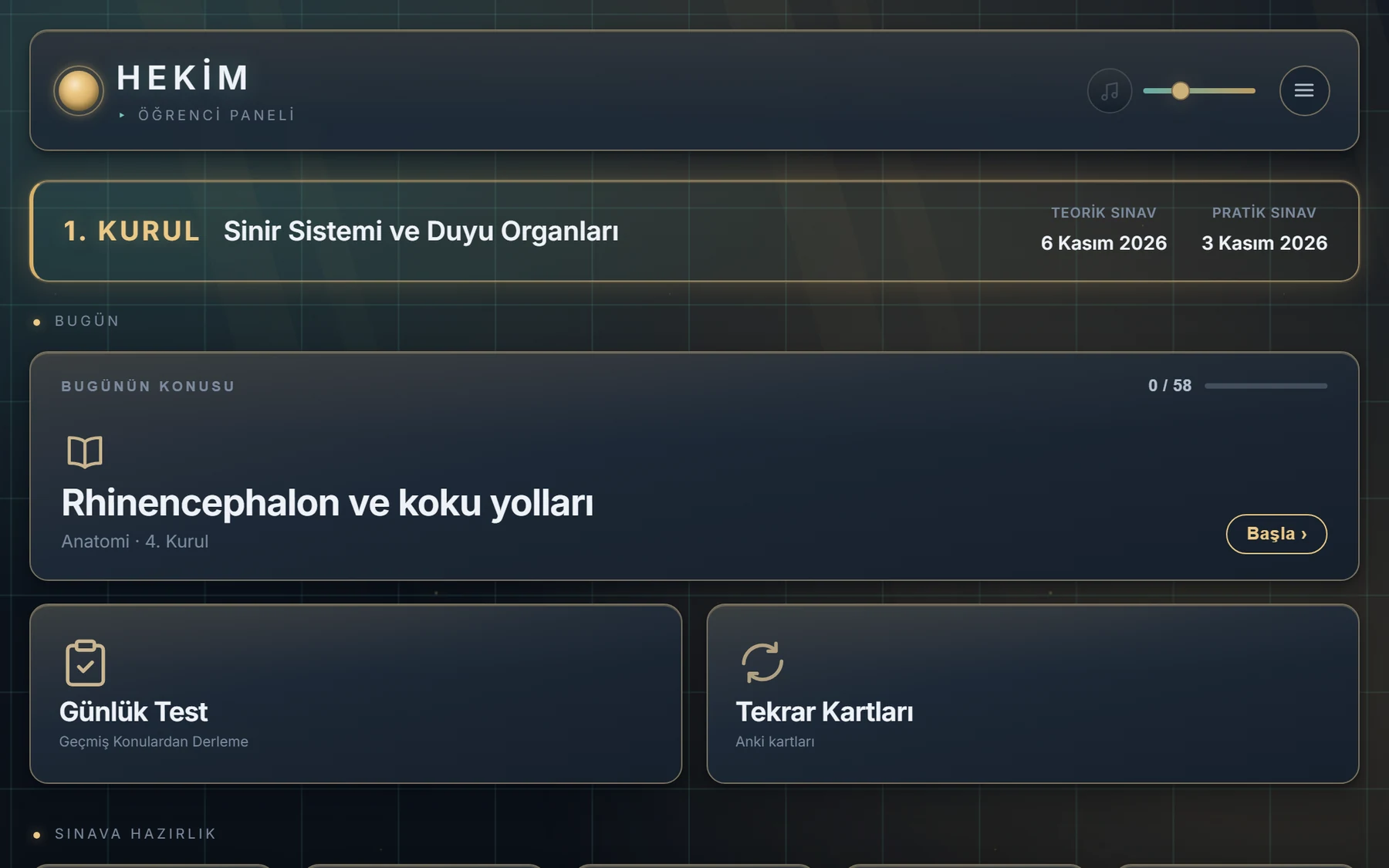 Öğrenci paneli (1–3. sınıf): üstte kurul ve sınav tarihleri, altında bugünün konusu, günlük test ve tekrar kartları
